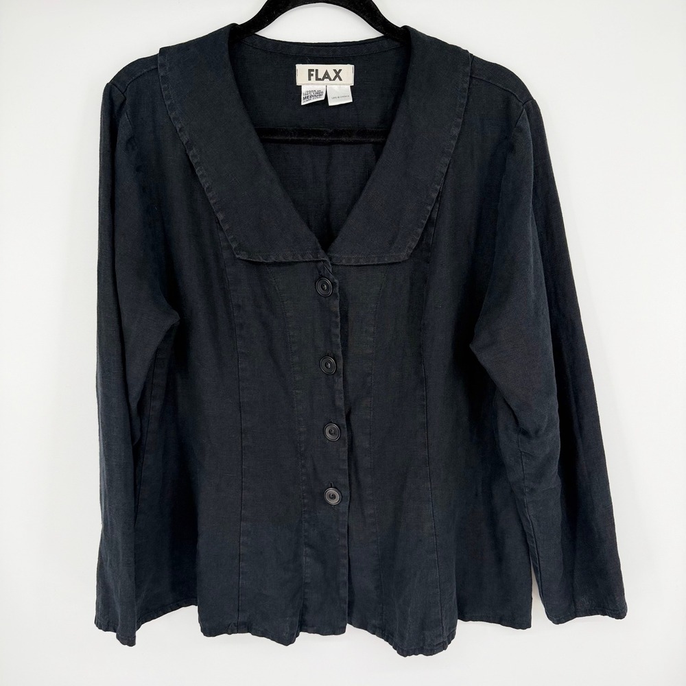 FLAX Linen Jacket Women M Black Wide Collar Button Front Lithuania Lagenlook Art